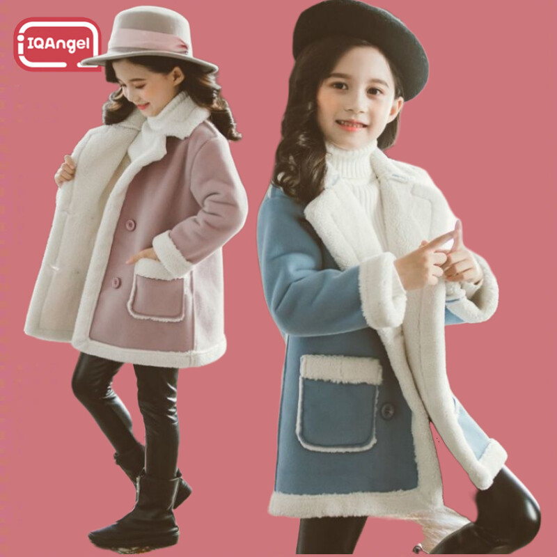 IQANGEL Girls woolen trench coat kids mink velvet coat plus velvet thick coat