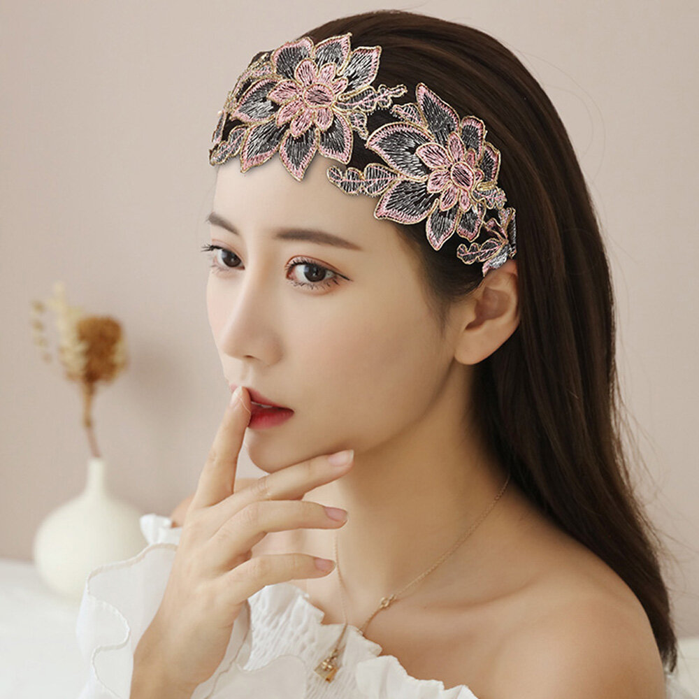 For Women Adjustable Floral Printed Non-slip Lace Head Hoop Hair Accessories Embroidery Flower Headband Broadside Hair Bands