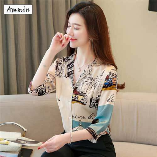 AMMIN Korean new fashion satin silk shirt women's mulberry silk short-sleeved printed top half-sleeved floral blouse