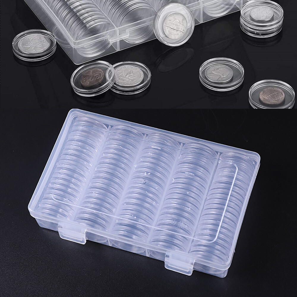 100 PCS 27mm Clear Plastic Round Coin Cases Holder Capsules Container with Storage Box for Coins Commemorative Coins Medals Collection Supplies