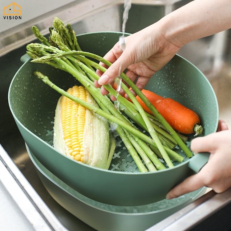 Vision Double Layer Multi-Functional Drain Plastic Basket Basin to Wash Drain Filter  Vegetable Fruit Noodles Washing Basket Household Kitchen Storage Kitchen Strainer