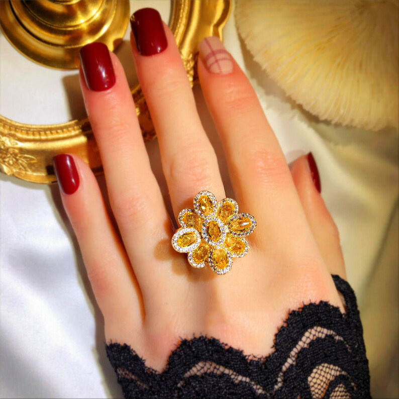 Trang Sức Nữ Cá Tính Ba Chiều Citrine Nhẫn Hoa Nhẫn Mở