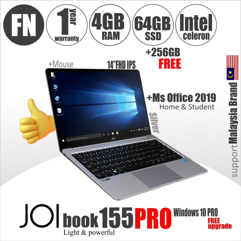 JOI Book 155 Pro + Free Hosting 30GB + Free Mouse + Office 2019 (Intel Celeron N4120 quad-core; 4GB RAM 64GB+256GB eMMC 14 FHD IPS) Malaysia