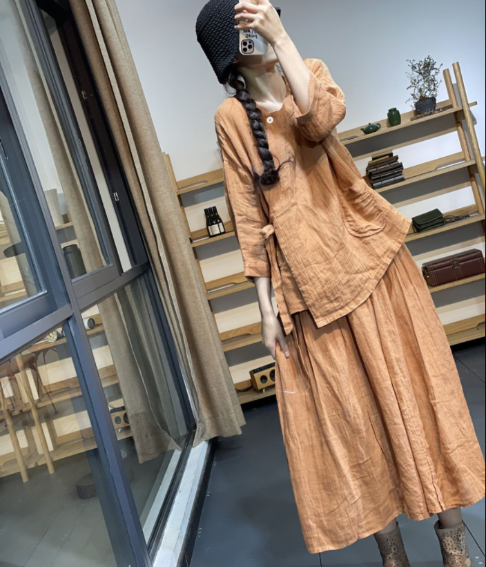 FairyTaill 2Pcs Set Women Linen Solid Color Long Sleeve Shirt V-Neck Simple Simple Loose Casual Blouse+Skirt Spring Summer New Belt Shirts Plus Size 201S047