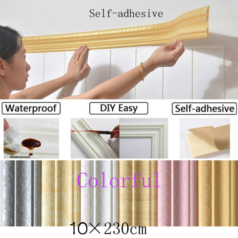 【lightingeverthing】2.3m x 10cm 3D Waterproof Foam Wall Stickers Self-Adhesive Wallpapers 3D Living Room Border Decor Sticker Foam Baseboard Wall Sticker  DIY Home Wall Paper