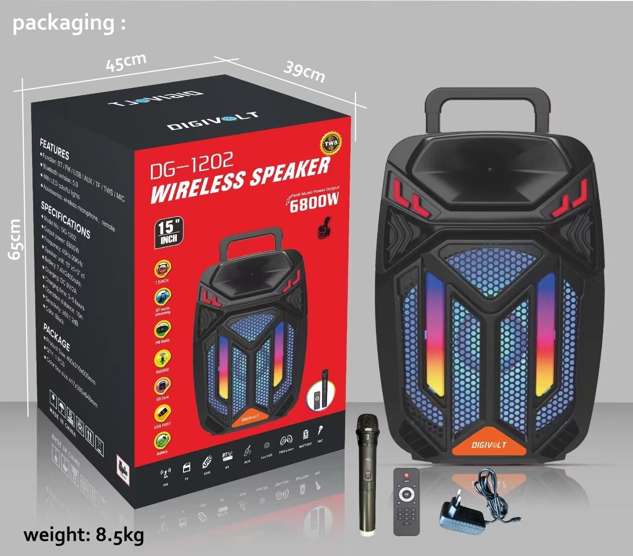 DIGIVOLT Powerful 15" Woofers & Tweeter Bluetooth Portable wireless PA ...