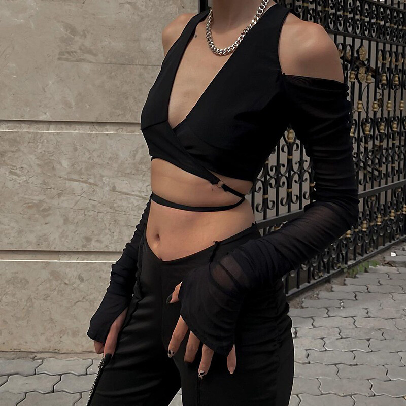 MagicLady y2k Mesh Halter Topoomph Punk Style Women Cold Shoulder Long Sleeve Crop Tops Streetwear Gothic Grunge T Shirt Party Clubwear