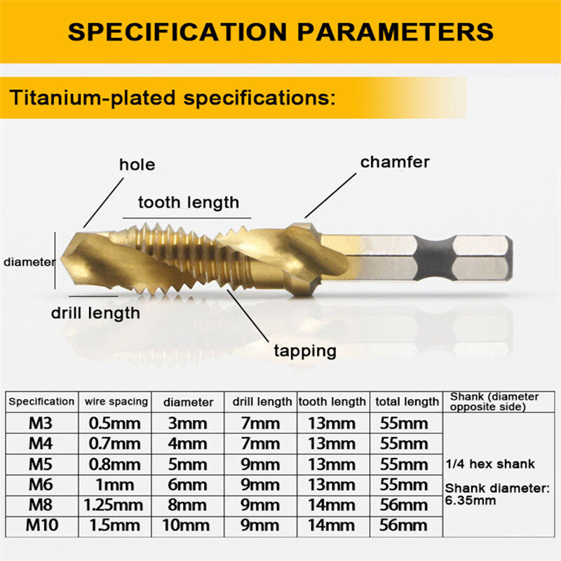 6Pcs M3-M10 Hex Shank Titanium Plated HSS Screw Thread Metric Tap Drill Bits Set Screw Machine Compound Thread Hand Tools with Box