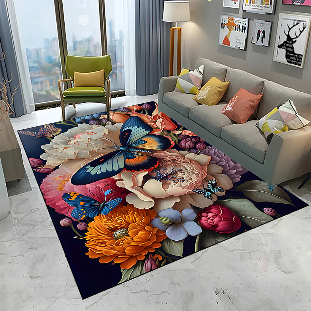 HKStorage 1pc 3D Butterfly Floor Pattern Area Rug, Butterfly Indoor Printed Carpet, Non-slip, And Easy To Clean Floor Mat,Suitable For Living Room, Bedroom, Kitchen, Bathroom, Home Decoration