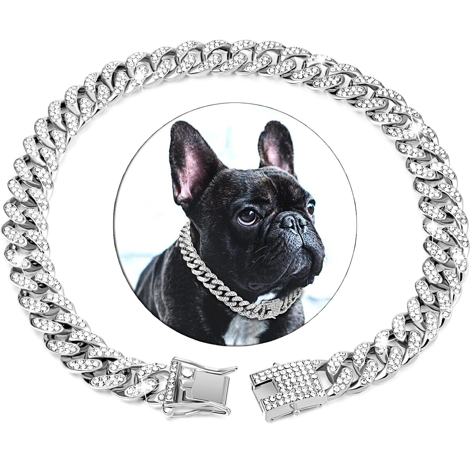 Dog Chain Diamond Cuban Collar Walking Metal Chain Collar With Design Secure Buckle, Pet Cat Cuban Collar Jewelry Essories