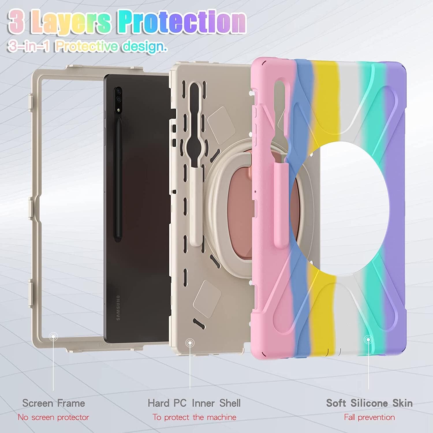 360 Degree Rotating Handle Stand Bracket Shoulder Strap Heavy Duty Rugged Shockproof Case Cover for Samsung Galaxy Tab S9 Ultra 14.6 inch 2022/Tab S9 Plus/Tab S9 FE Plus/Tab S8 Ultra/Tab S8 Plus/Tab S7 FE/Tab S7 Plus/Tab A9 Plus/Tab A8/Tab A7/Tab S6 Lite