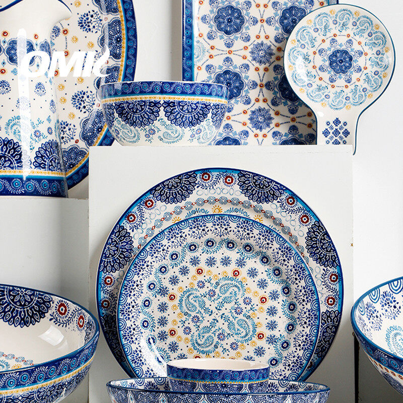 Omk màu xanh talavera loạt gốm 14 inch hình chữ nhật đĩa phẳng để thức ăn Salad món tráng miệng khay đĩa