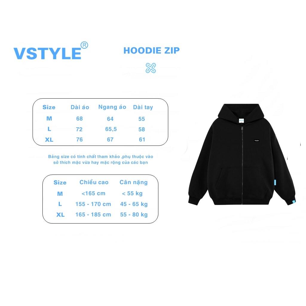 (FULL BOX) Áo Hoodie Zip Basic Logo Vstyle Unisex Local Brand - Đen
