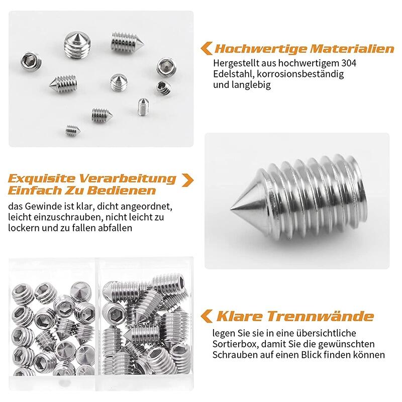 ELECTRAPICK 240Pcs Hex Hexagon Socket Set Screw Cone Point Grub Screw Tapered End Headless Bolt M3 M4 M5 M6 M8