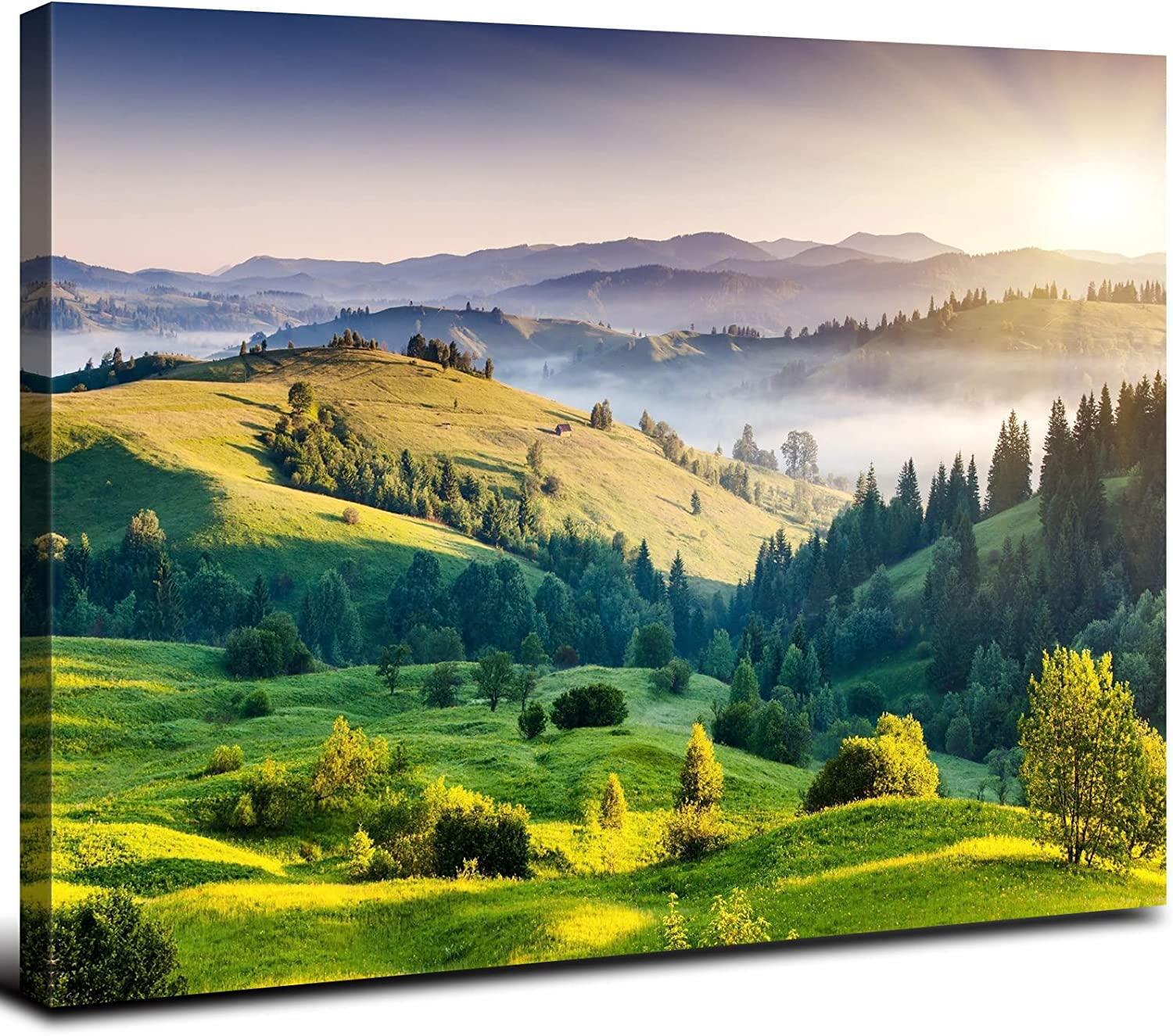 Green Misty Forest Wall Art Spring Mountain Landscape Wall Decor Large