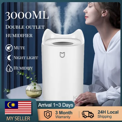 Ready Stock Air Humidifier 3000ML Portable USB Air Purifiers Disffuser Humidifier Strong Double Fine Mist Night Light Auto Shut-Off for Household Car Office Aroma Oil 家用空气加湿器