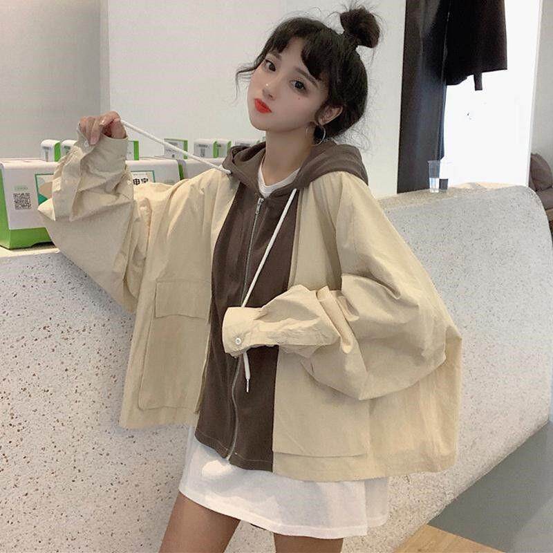 Contrast Stitching Wild Loose Baseball Uniform Hooded Overalls Jacket