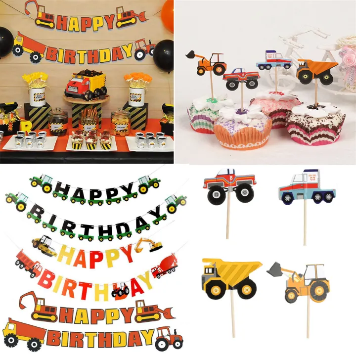 1 Construction Vehicle Excavator Cupcake Garland Birthday Decor