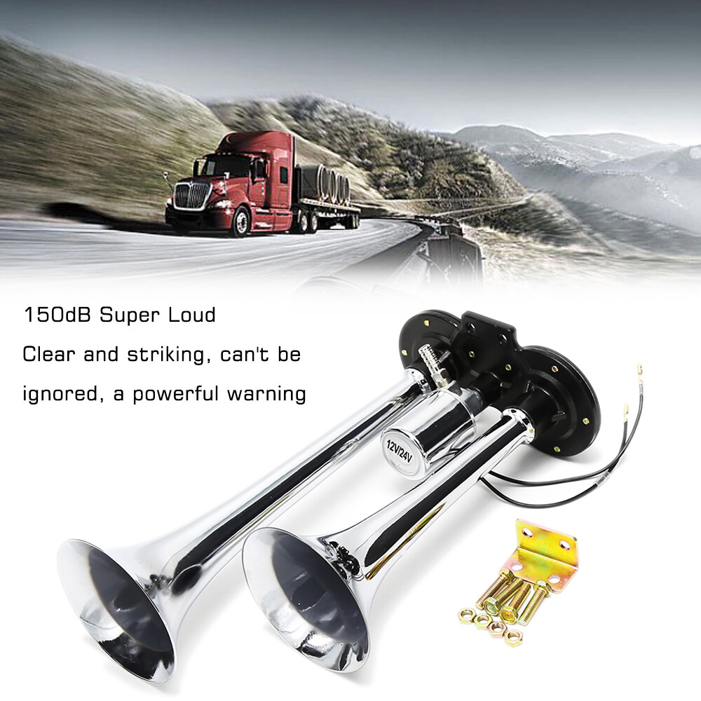 Dual Trumpet Electric Horn Loud Chrome Air Horn Speaker Kit 150dB 12V/24V Universal for Train Truck Lorry