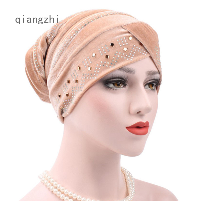 Qzh Muslim Turban Caps Pearl Beaded Hat Velvet Hijabs Women Drill Ethnic Islamic Wrap Head 6333