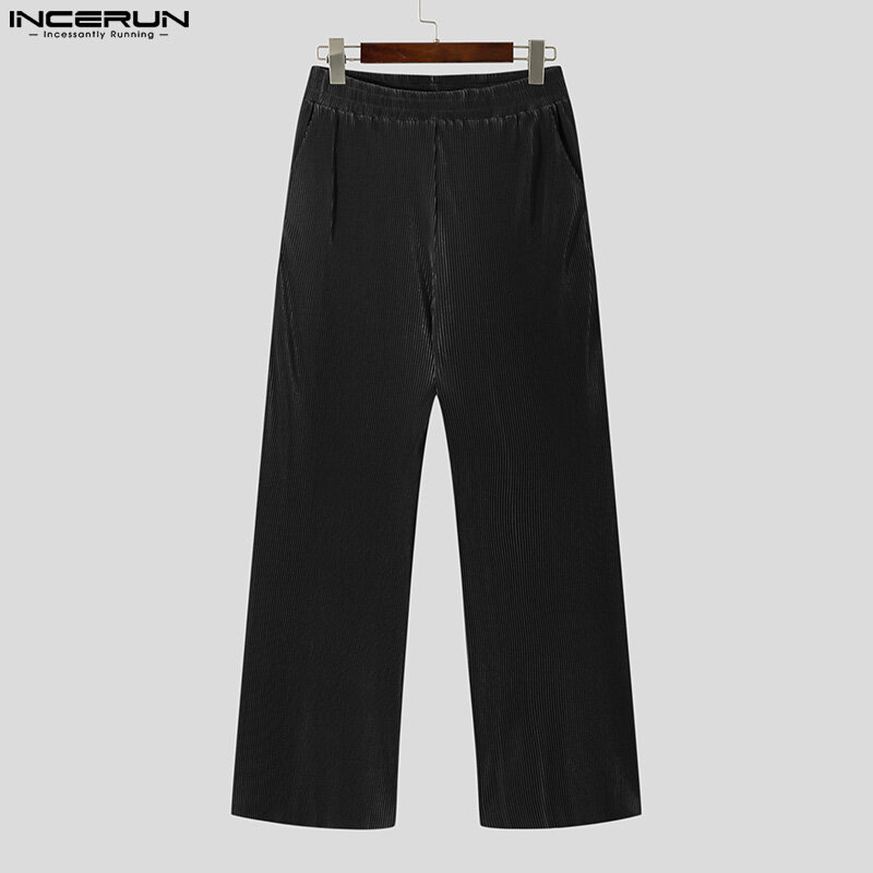 INCERUN Mens Elasticated Waist Long Pants Wide Leg Casual Solid Trousers Sport Sweatpant