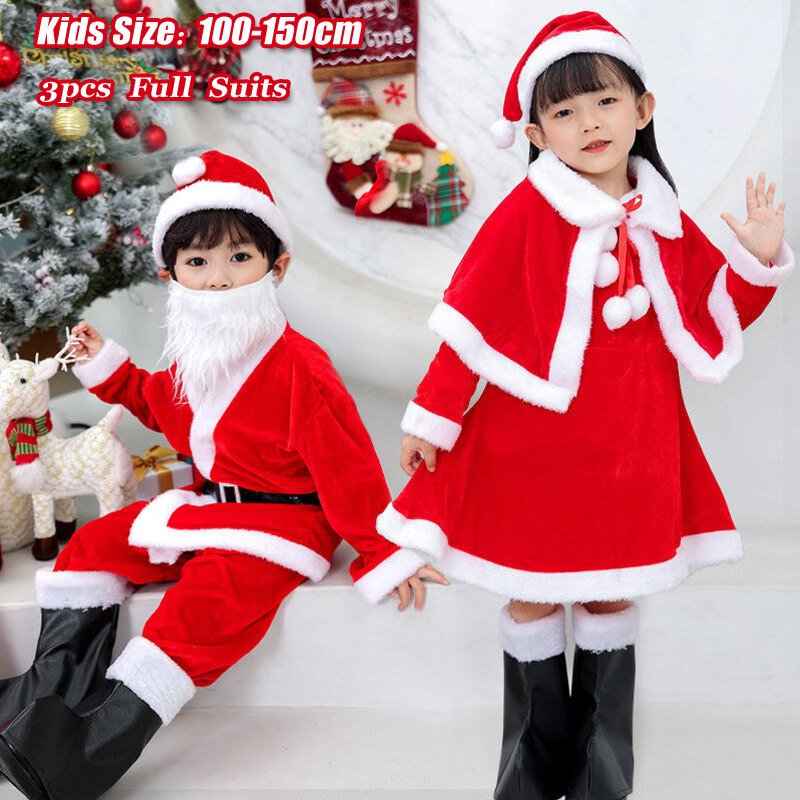 Children Christmas Costume Girls Red Velvet Christmas Dress With