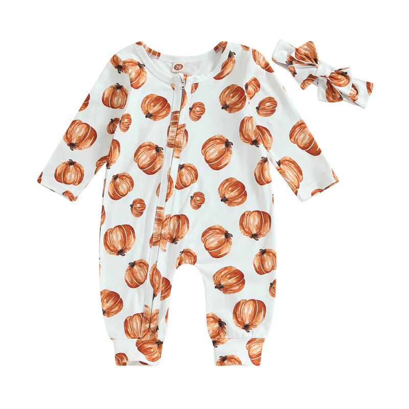 Baby Girl Fall Outfit, Long Sleeve Pumpkin Flower Print Jumpsuit with Headband Halloween Clothes