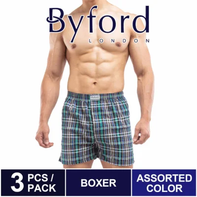 (3 Pcs) Byford Men Boxer 100% Cotton Men Underwear Assorted Colours - BUD5158X