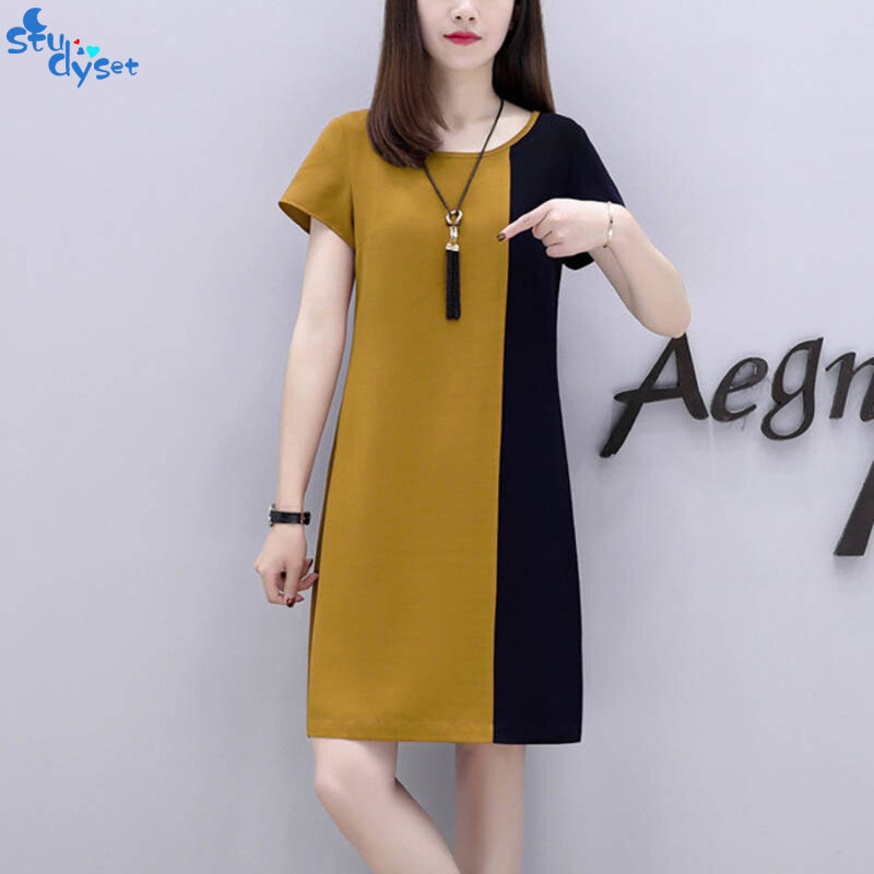 Women Dresses Soft Cozy Loose Large Size Splicing Short Sleeve Round Collar Splicing Dress for Casual Formal Party Wearing