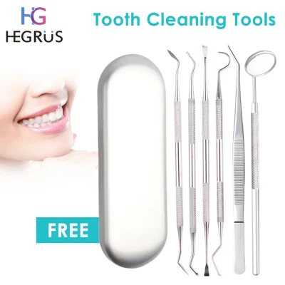HEGRUS 6PCS Professional Teeth Cleaning Tools Dental Tools Mouth Mirror Probe Teeth Cleaning Tools Premium Stainless Steel Tartar Remover Tooth Pick Hygiene Set Dental Hygiene Kit Family Oral Care with Metal Box teeth cleaner