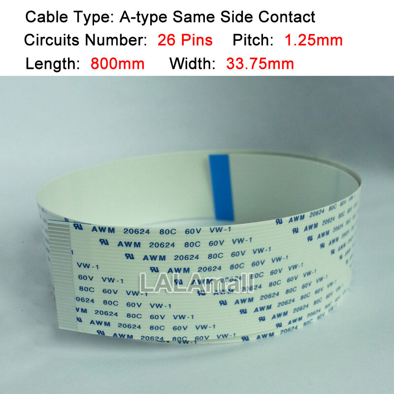 1pc Thicken FPC Ribbon Flexible Flat Cable Pitch 1.25mm Length 800mm A-type Same Side Contact 26P FFC Wire 26Pin 80cm AWM 20624 80C 60V VW-1 For Cutting Plotter