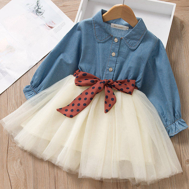Denim Dress For Kids Girl Button Strappy Autumn Clothes Two-Piece Long Sleeve Princess Dress Belted A-Line Mesh Healthy Stretchy Dress