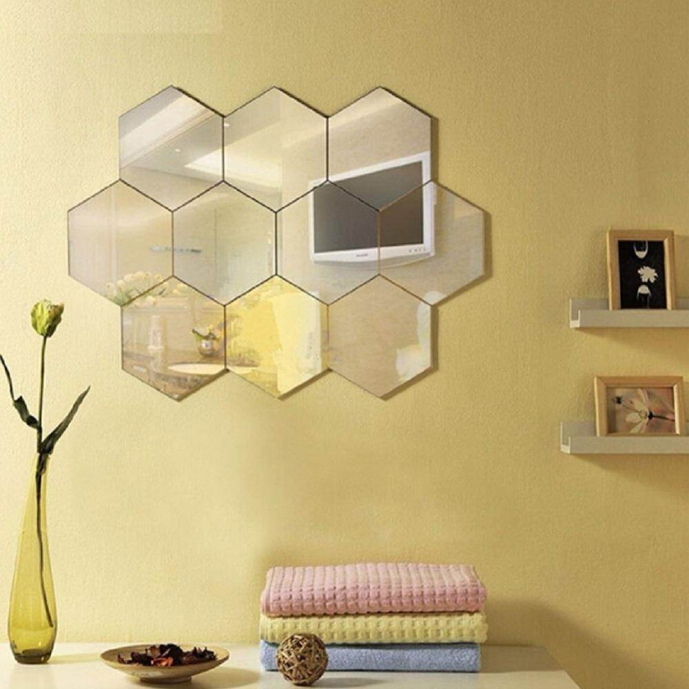 12PCs 5 Sizes 1Set Geometric Hexagon Mirror Wall Sticker DIY Home Decor Enlarge Living Room Removable Safety Easy to use and durable