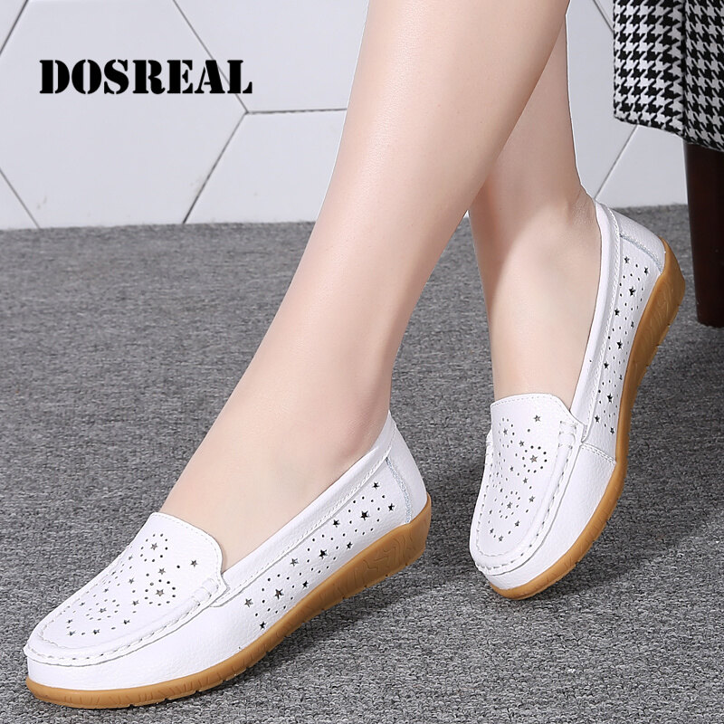 DOSREAL Black Shoes For Women Spring Summer Genuine Leather Women Loafers Breathable Cut-Out Ladies flat shoes Mother Shoes Big Size 35-44