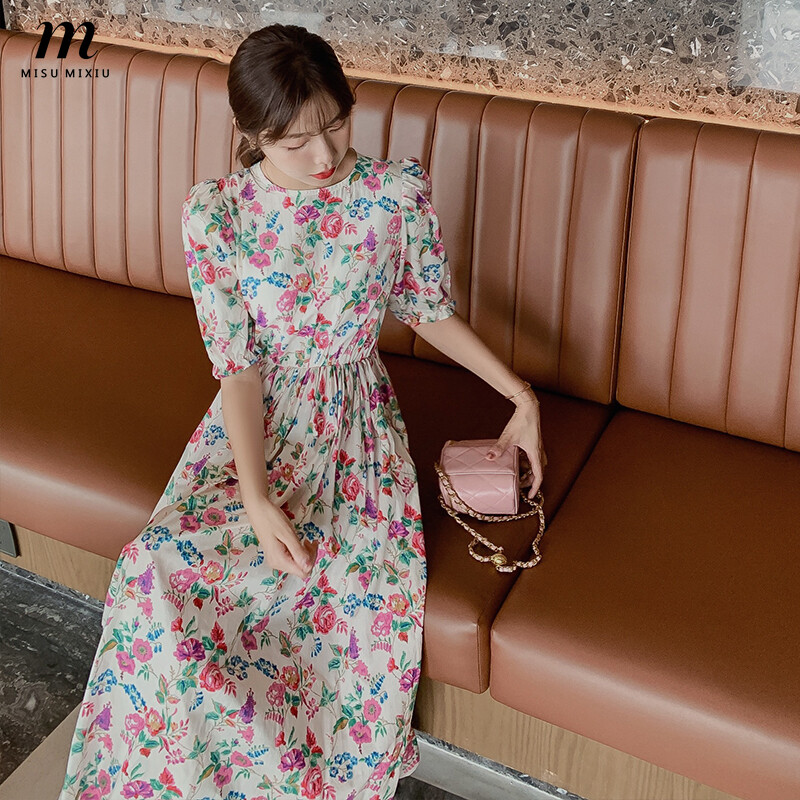 MISUMIXIU Retro Style Floral Long Dress Women Elegant Crew Neck puff Sleeve Elastic Waist Lady A-line Maxi Dresses