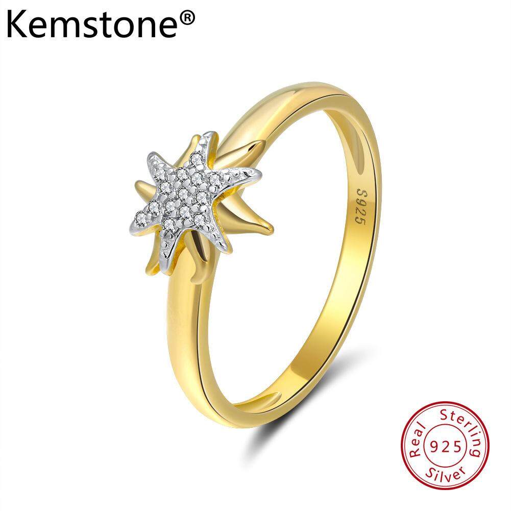 Kemstone Kreatif 925 Perak Berkilau Gold Berlapis Bintang Cincin untuk Wanita