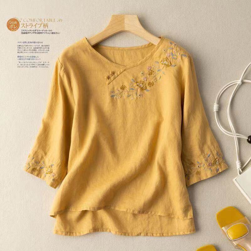 Tang Suit Women's Cotton and Linen Three-quarter Sleeves Embroidered Disc Button Literary Retro Shirt Women's Summer Loose Large Size Cotton Top