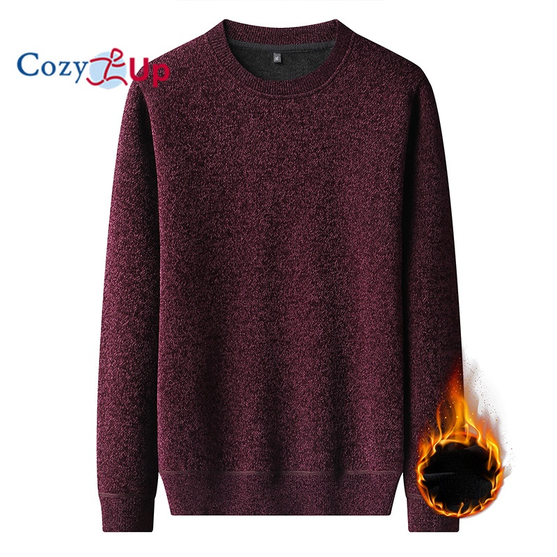 Cozy Up Men Long-sleeved Sweater Casual Round Neck Solid Color Plus Velvet Warm Pullover