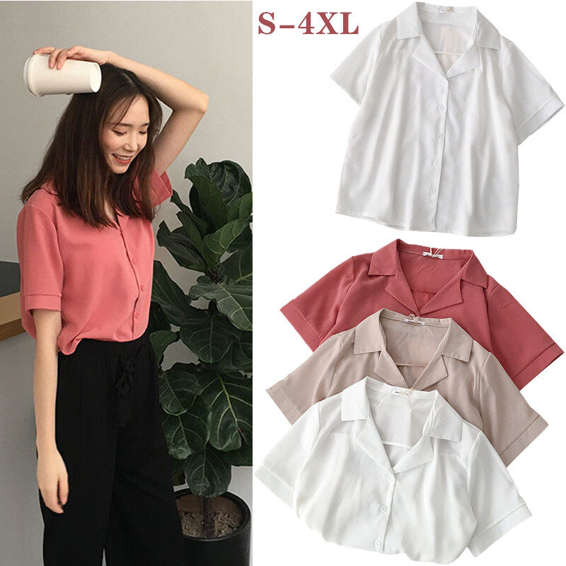 Summer Women's Chiffon Shirts Women Casual Short Sleeve Chiffon Shirts Ladies Solid color Blouse Loose Large Size Tops Office Wear T Shirt Korean White Khaki Button Up Cardigan T-shirt