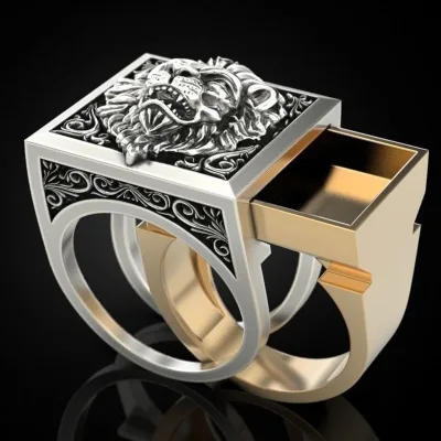 JWEGHL Men's Combination Rings Secret Kingdom Lion King Gift Ring Hip Hop Jewelry Punk Viking Rings Creative Invisible Box Storage Ring
