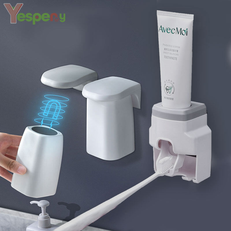 YESPERY Magnetic Suction Toothcup Holder Toothpaste Dispenser Toothpaste Squeezer Toothbrush Holder Double Hole Wall Toothbrush Organizer Bathroom Accessories