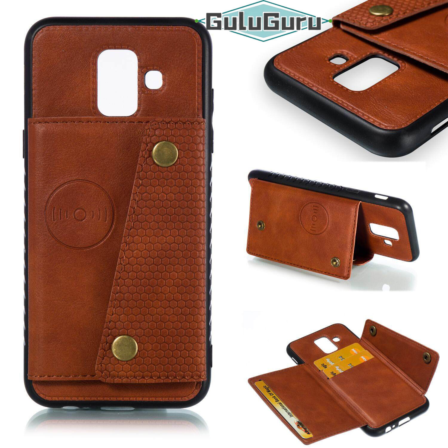for Samsung A6 2018 Leather Case Multiple Folio Flip Cover Wallet Back Case Shell, can work with Car Mount, Hidden ID Credit Card Slot Holder, Retro Metal Button Clasp, Stand Support