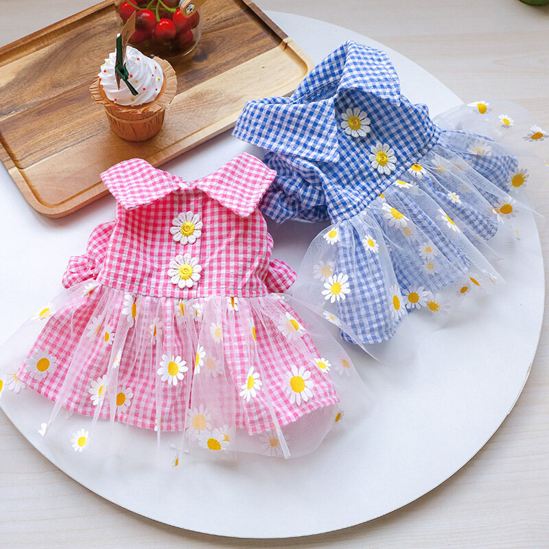 DY Loving Dog Clothes Female Dog Dress Lattice Gauze Tutu Skirt with Embroidery Daisy Korean Fashion Cat Dress for Shihtzu Pomeranian Teddy Chihuahua