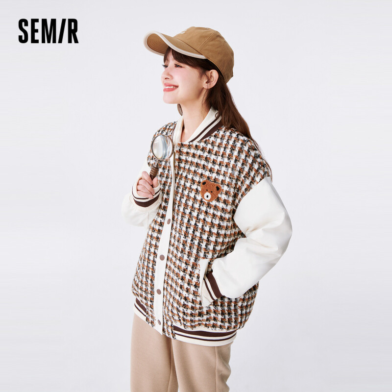Semir Jacket Women Mid-Length Embroidered Baseball Jacket Autumn Loose Plaid Imitation Wool Patchwork Retro Jacket