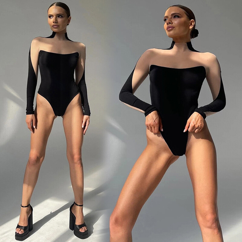 Women Mesh Bodysuit, Long Sleeves Mock Neck Solid Color Patchwork Leotard Tops