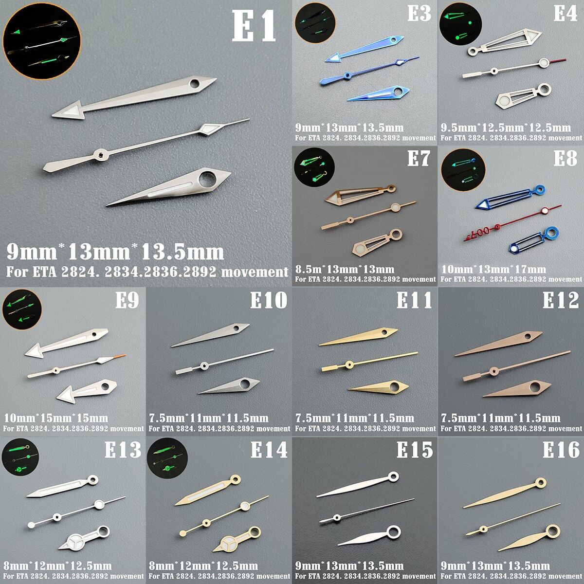 Watch Accessories Watch Pointer ETA 2824 Hands Pointer Pointer Green Super Luminous, For ETA 2824 2836 2892 Movement A1~A80