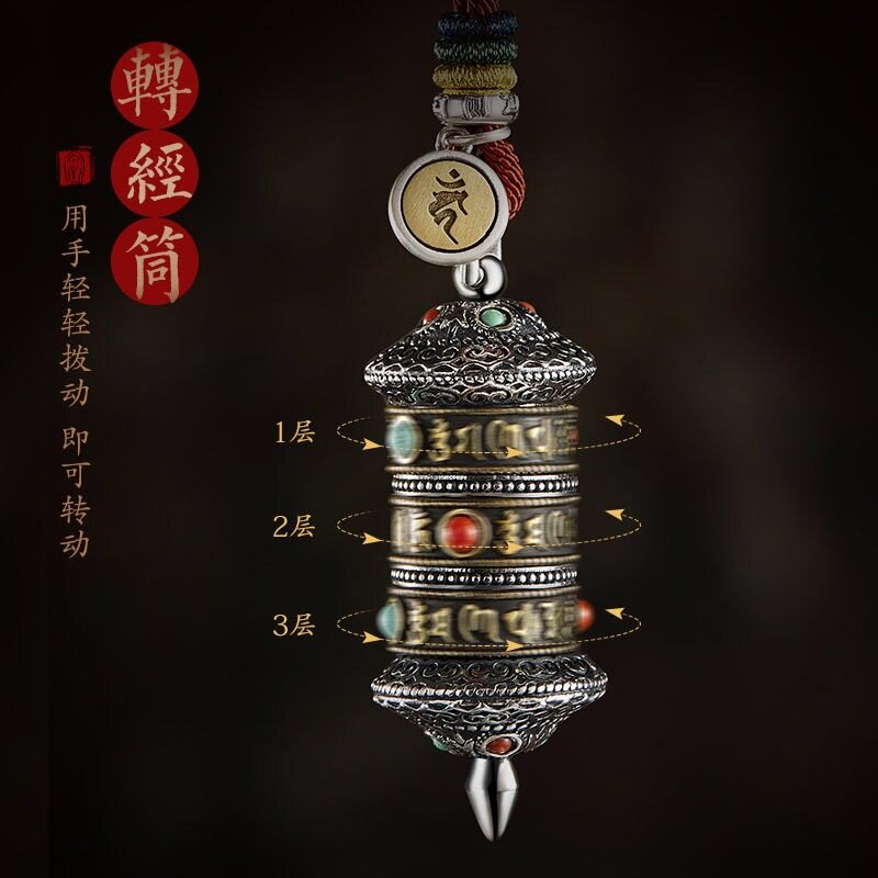LR-Tibetan prayer wheel Buddha pendant rotatable prayer wheel Sanskrit Buddhist scripture necklace Rotation brings auspiciousness and peace of mind Sutra necklace turquoise southern red agate necklace pendant