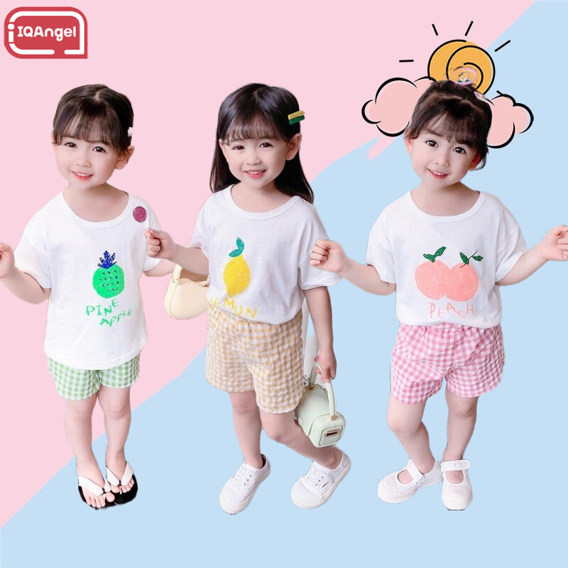 IQANGEL Girls fashion set Fruit Plaid Two Piece Set Children's Suit Boys and Girls Baby Short Sleeve Shorts