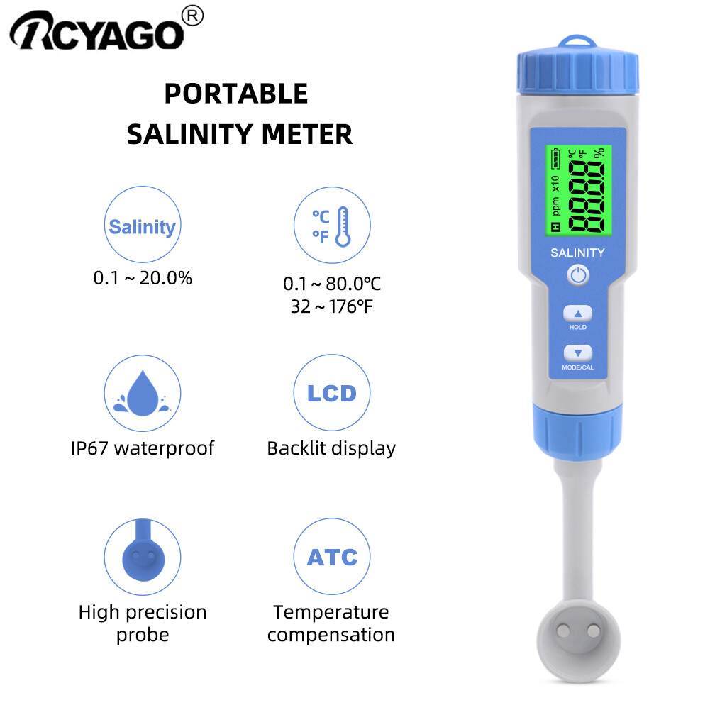 Rcyago digital salinity meter waterproof accurate salt concentration meter 0.1-20.0% atc for aquarium, salt water, koi pond, soup, food, brime