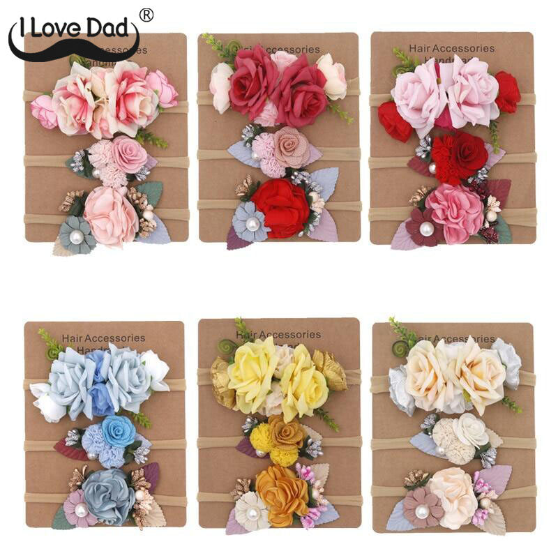 3 Pcs/Set Baby Girl Headband Flower Bows Nylon Infant Kids Head Bands Hairband For Girls Baby Photography Hair Accessories
